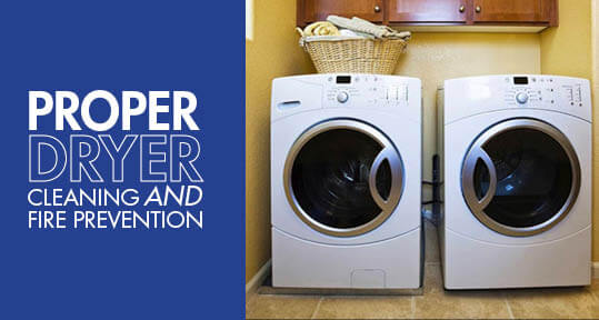 On the left, a blue background with white text that reads 'Proper Dryer Cleaning and Fire Prevention'; on the right, a washing machine and dryer in a utility room, with wicker basket with linens atop dryer.