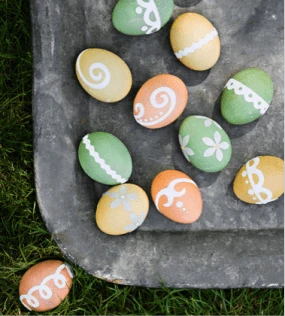 Colorful Easter Eggs with White Etched Designs