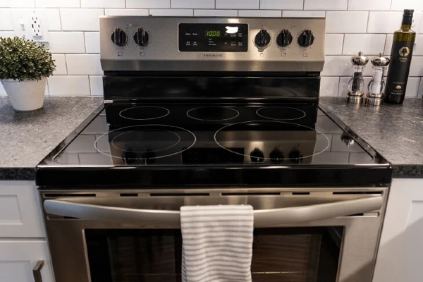 A stainless steel oven