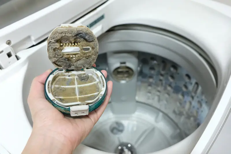 Hand holding dirty washing machine lint trap over an open washing machine.