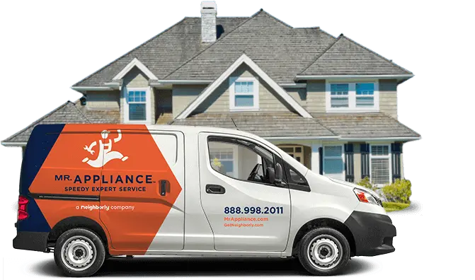 Mr. Appliance branded work van in front of two-story home.